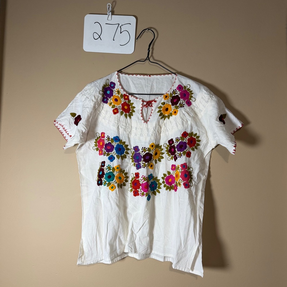 Vintage Mexican Hand Embroidered Floral Peasant Blouse White Boho Top L XL